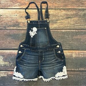 Jordache Dark Blue Denim Short Overalls with White Lace Appliqué and Trim
